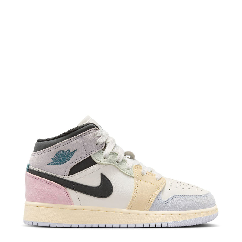Air Jordan 1 Mid youth sneaker in white, pink, light blue, and black with teal accent