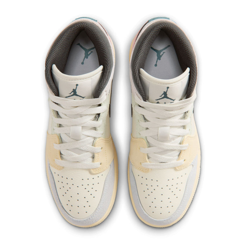 Air Jordan 1 Mid youth sneakers top-down view with white laces and light tan heel accents