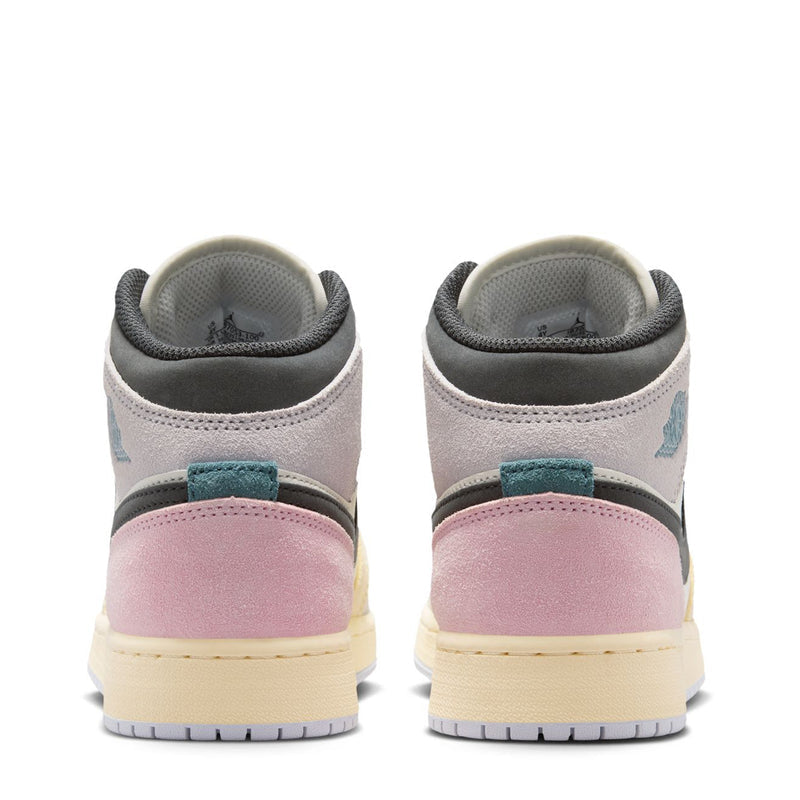 Air Jordan 1 Mid youth sneaker heel view with gray collar and pink suede panel
