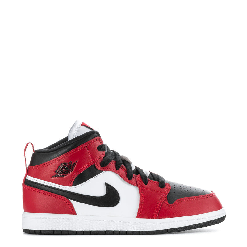 Kids Air Jordan 1 Mid sneakers in black, red, and white, mid-top lace-up