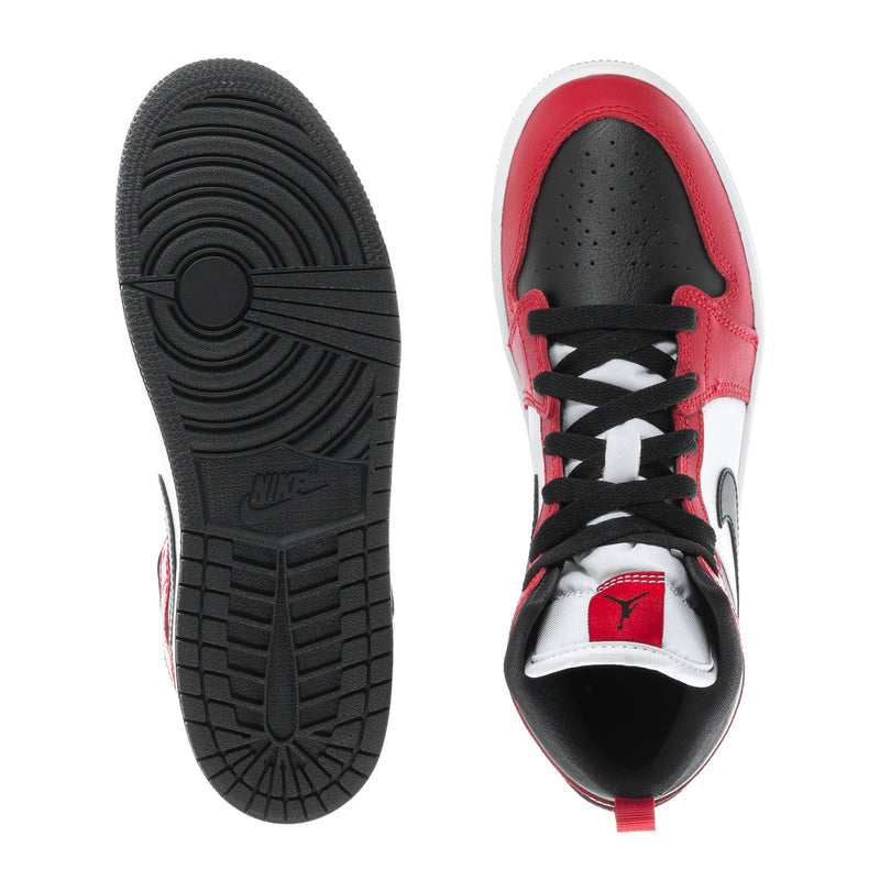 Kids Air Jordan 1 Mid sneakers: outsole view and red interior with laces