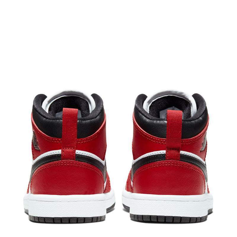 Kids Air Jordan 1 Mid sneakers heel view, black collar with red panels