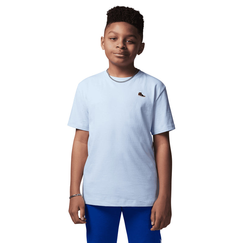 Youth light blue T-shirt with Jordan sneaker patch at left chest