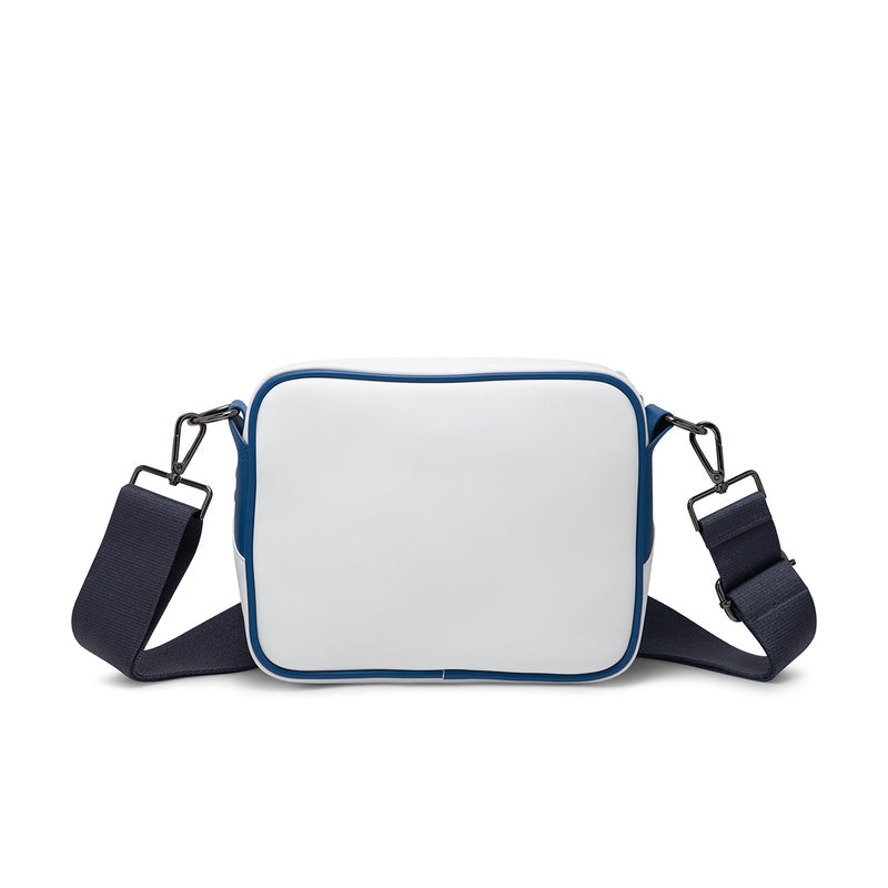 AJ3 messenger bag in white with True Blue trim and crossbody straps