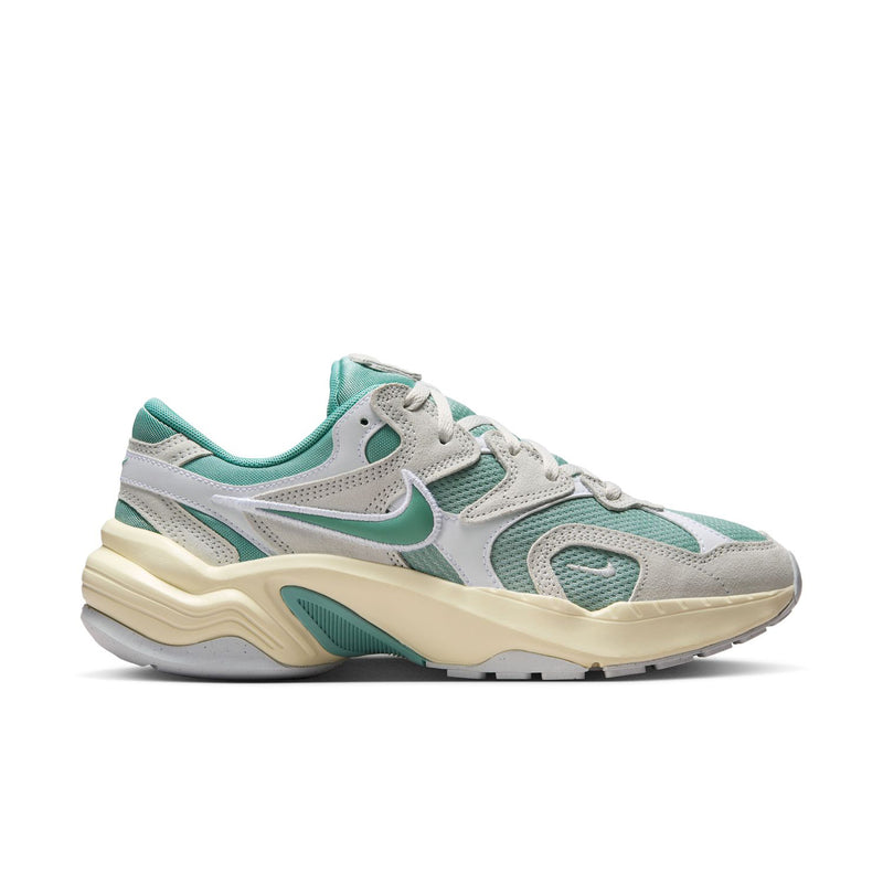 Women's lace-up running sneakers, light gray/teal with off-white chunky sole