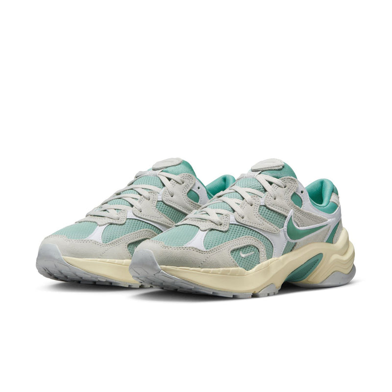 Women's lace-up running sneakers, side view in light gray, teal, and off-white