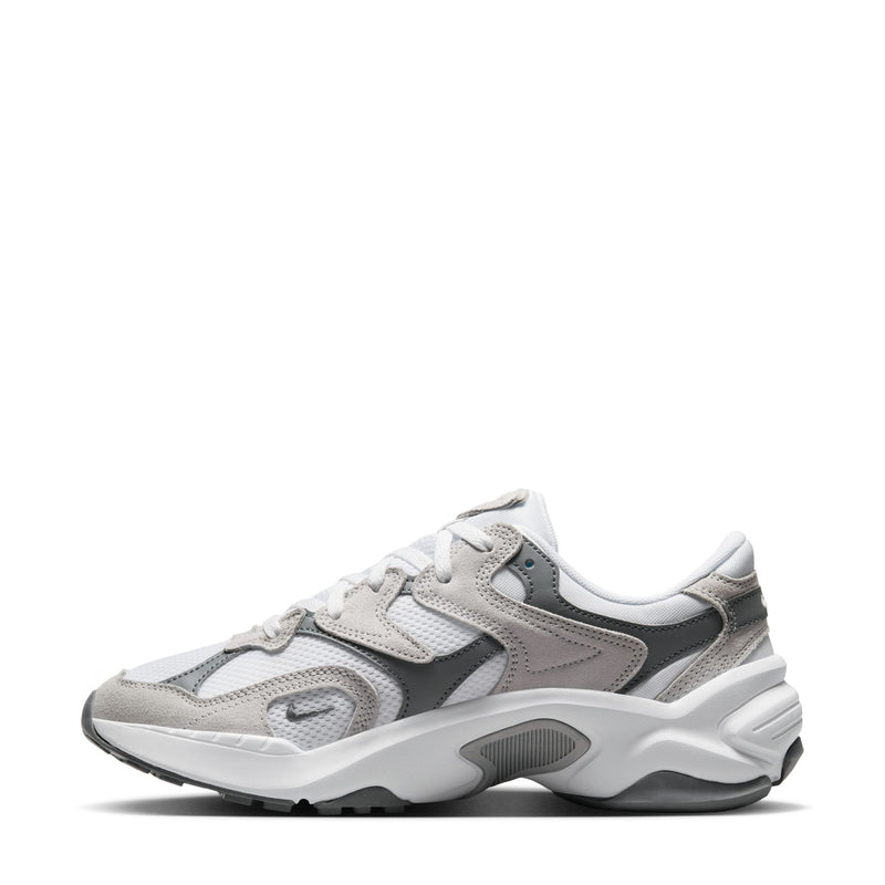 White and gray chunky lace-up sneaker with side mesh panels and cushioned sole