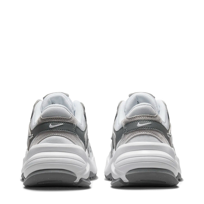 Rear view pair of white and gray chunky sneakers with padded heel and lace-up tops
