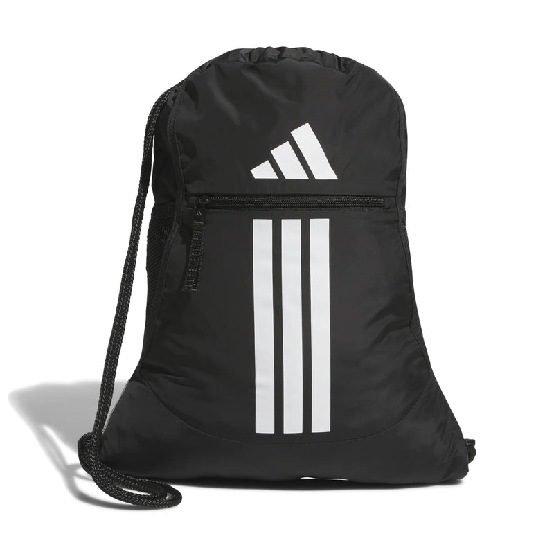 Black sackpack backpack with white adidas logo and drawcord closure
