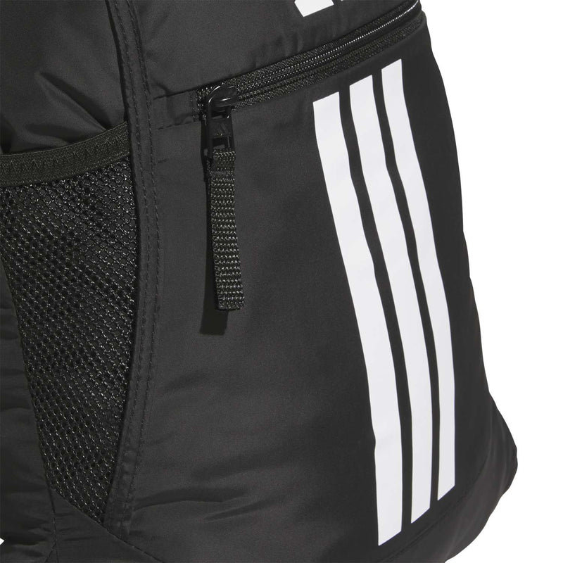 Black sackpack with white logo panels and zip pocket detail