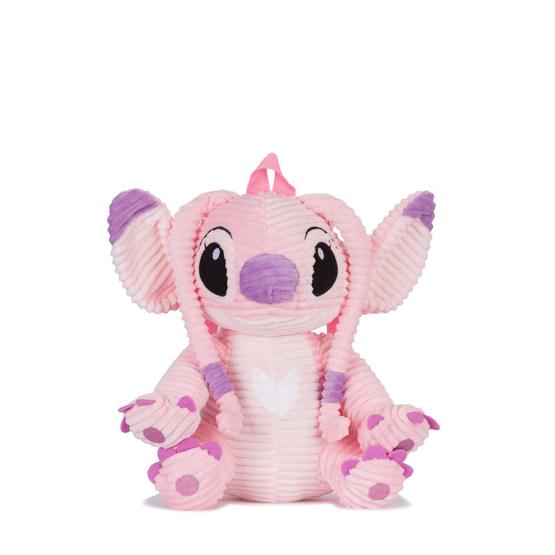 Pink plush angel backpack with smiling face, purple accents, and soft wings