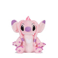 Pink plush angel backpack with smiling face, purple accents, and soft wings