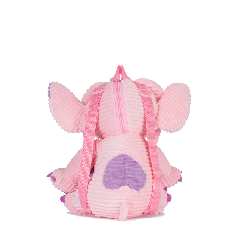 Pink plush angel backpack showing front panel, straps, and wings