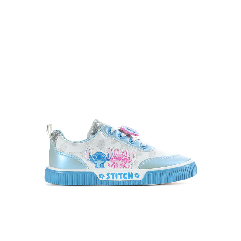 Kids light blue court sneakers with pink-and-blue lace accents and cartoon side print