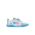 Kids light blue court sneakers with pink-and-blue lace accents and cartoon side print