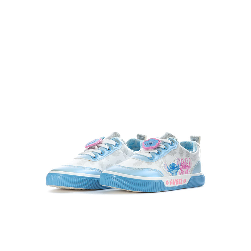 Kids light blue court sneakers, side view, with cartoon character print and chunky ribbed sole