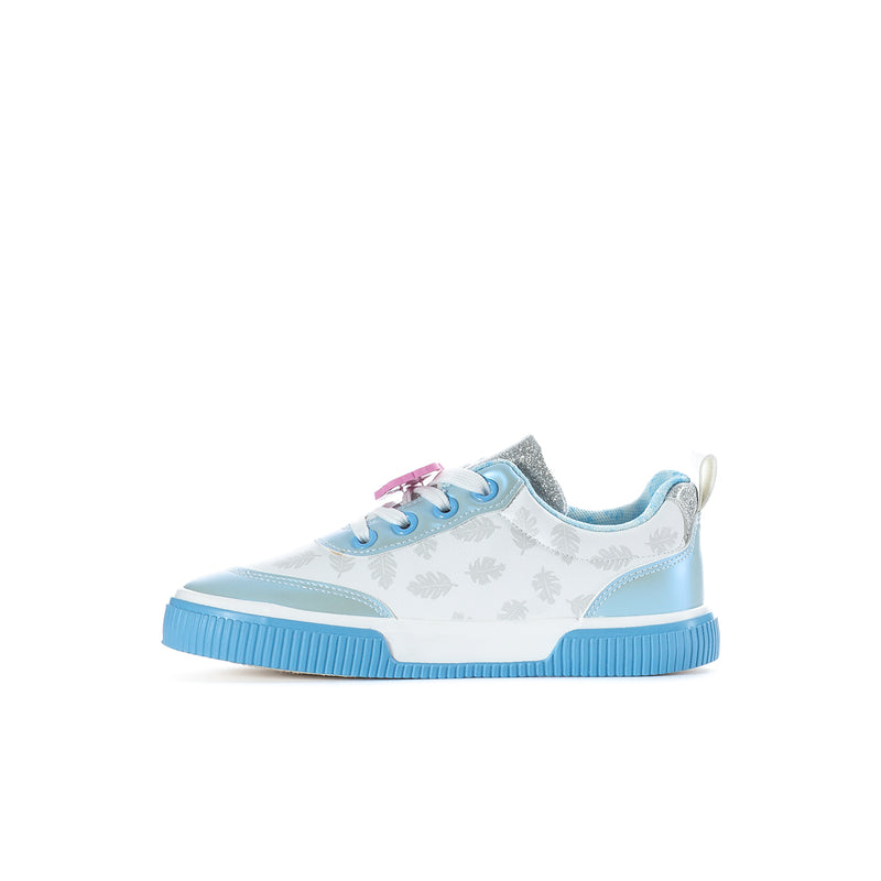 Kids light blue and white court sneakers with pink lace details and side character graphic