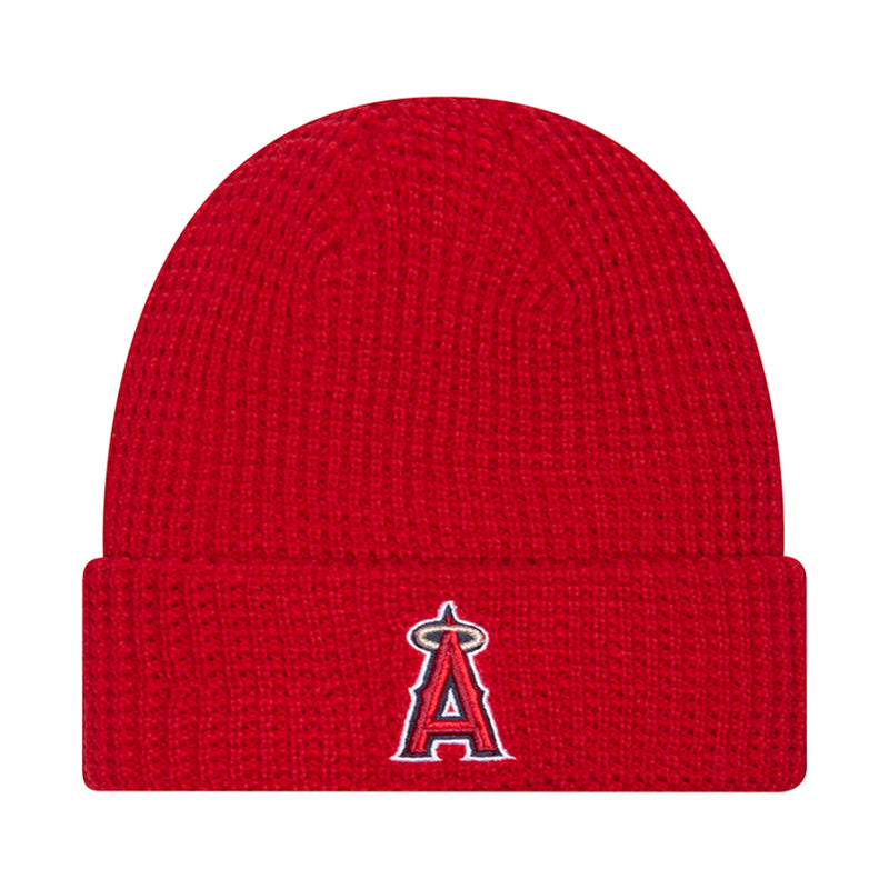 Red knit waffle beanie with A logo