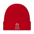 Red knit waffle beanie with A logo