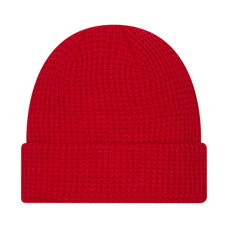 Red knit waffle beanie with ribbed cuff