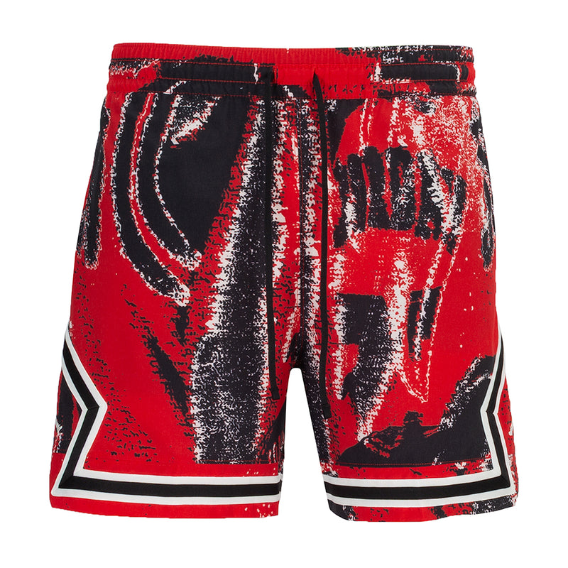 Men's red and black diamond-print athletic shorts with elastic waistband and white trim