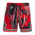 Men's red and black diamond-print athletic shorts with elastic waistband and white trim
