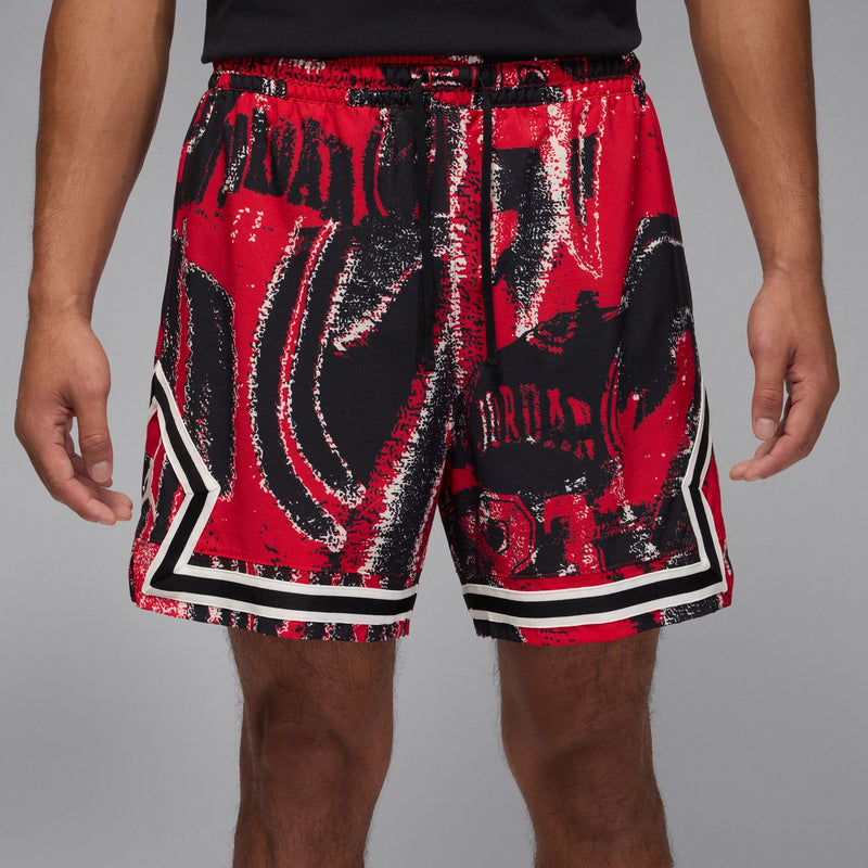 Men's red and black diamond-print basketball shorts with white-and-black hem trim