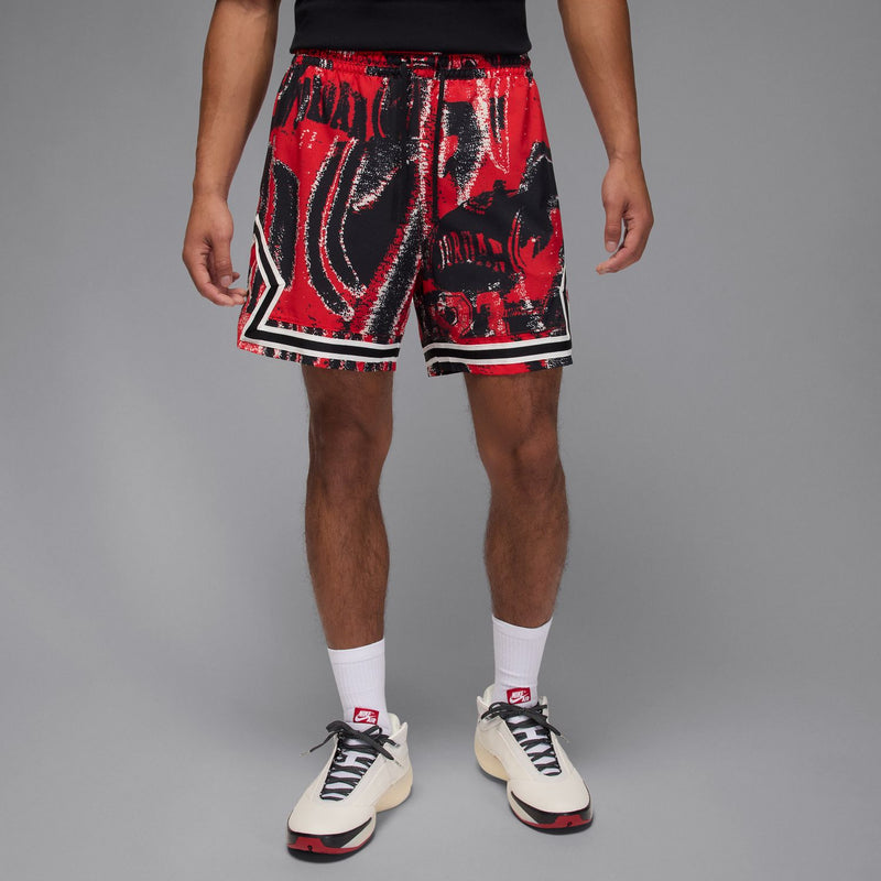 Men's red and black diamond-print basketball shorts with elastic waistband and hem trim