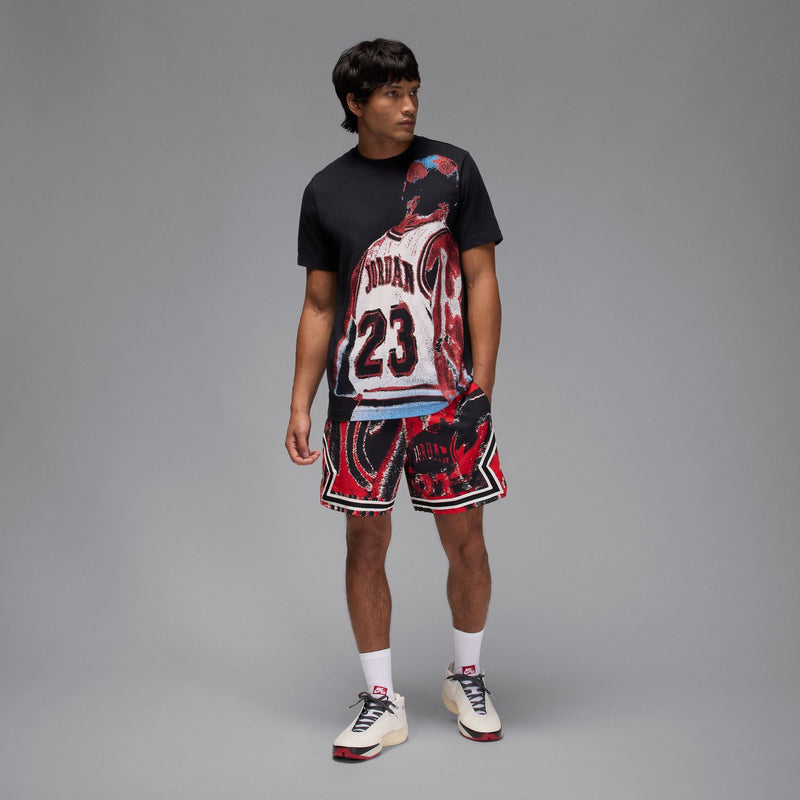 Men's red and black diamond-print basketball shorts with elastic waistband and patterned trim