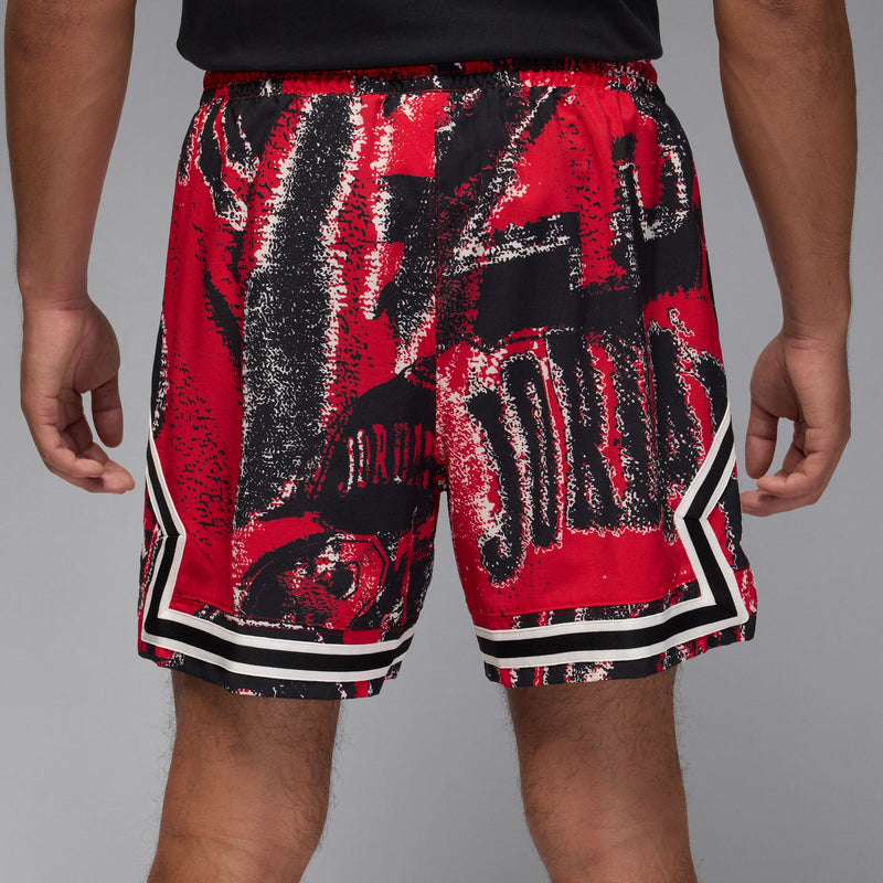 Men's red and black diamond-print basketball shorts with white-and-black border hems