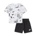 Toddler short set with white graphic T-shirt and dark shorts
