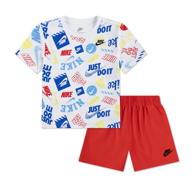 Toddler jersey short set with white graphic tee and red pull-on shorts