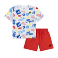 Toddler jersey short set with white graphic tee and red pull-on shorts