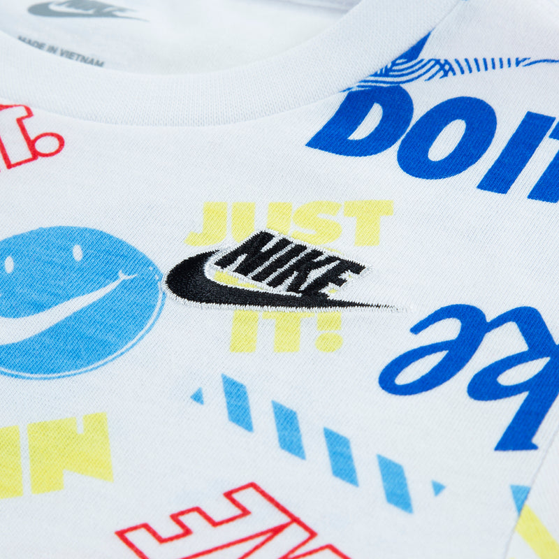 White jersey T-shirt with multicolor "DO IT" and Nike-style logos