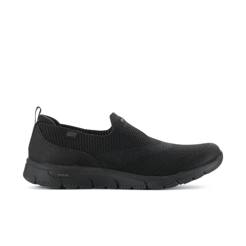 Women's black mesh slip-on sneakers with padded collar and rubber outsole