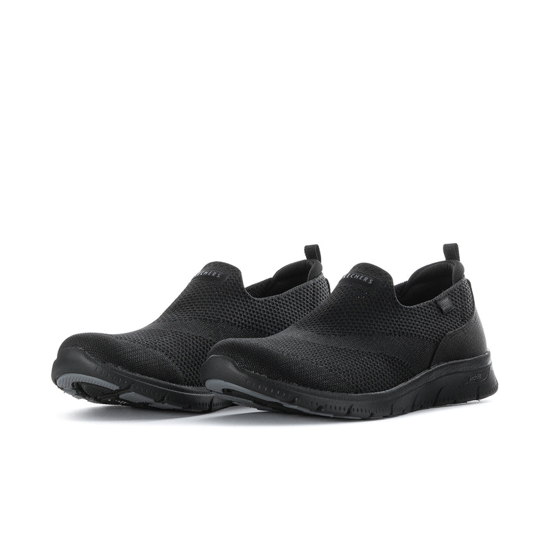 Pair of women's black mesh slip-on sneakers with cushioned collar and tread sole