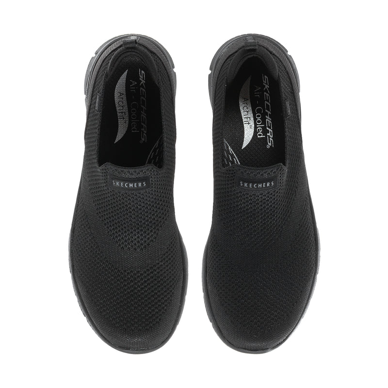 Women's black mesh slip-on sneakers with Arch Fit insole branding and Skechers logo