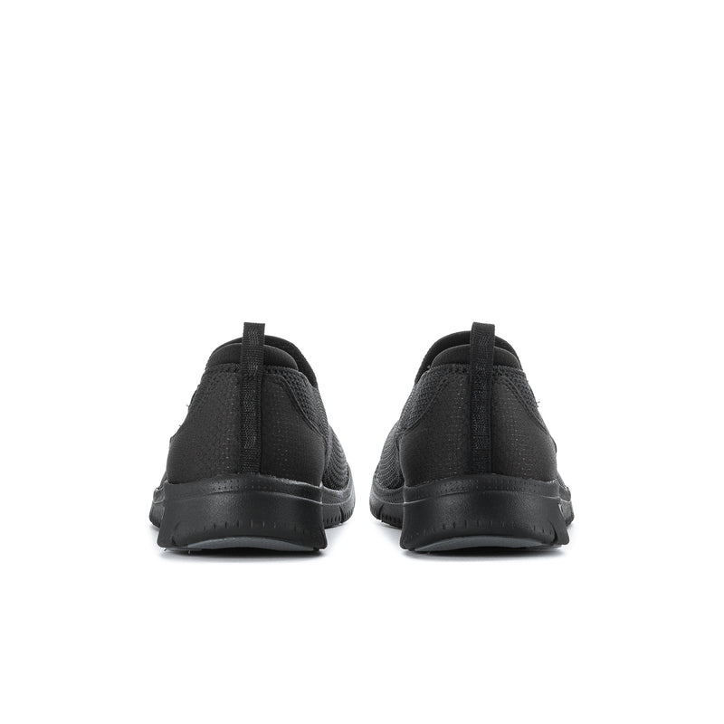 Women's black slip-on sneakers, rear view with heel tab and cushioned back