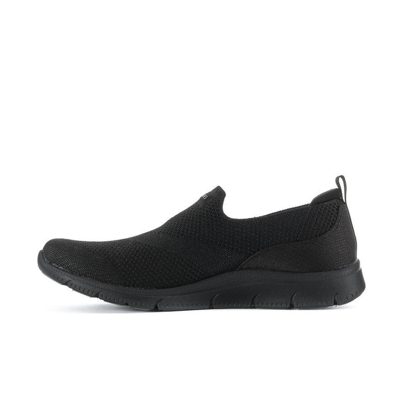 Women's black mesh slip-on sneaker with curved collar and grippy rubber outsole