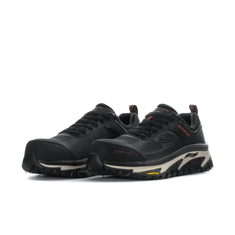 Men's black comp-toe walking shoes, lace-up, side-by-side view with textured sole