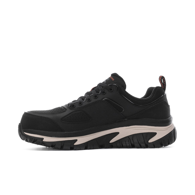 Men's black comp-toe walking shoes, side profile with contrast midsole and lace-up