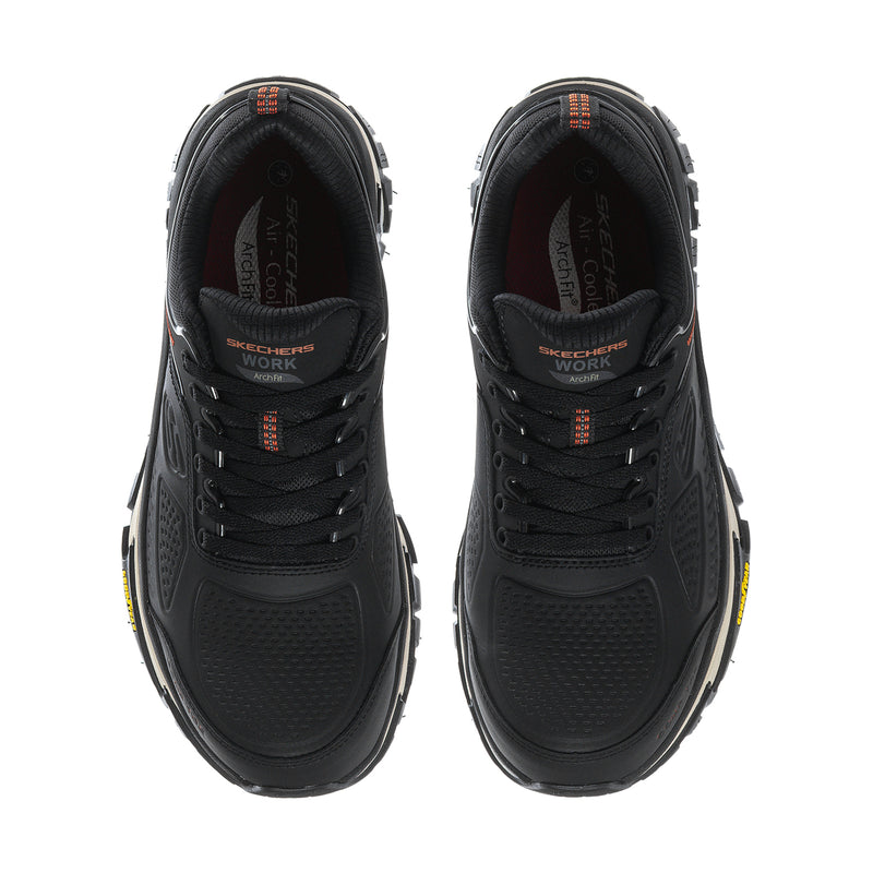 Men's black lace-up comp-toe work shoes, padded collar and tongue, heel view
