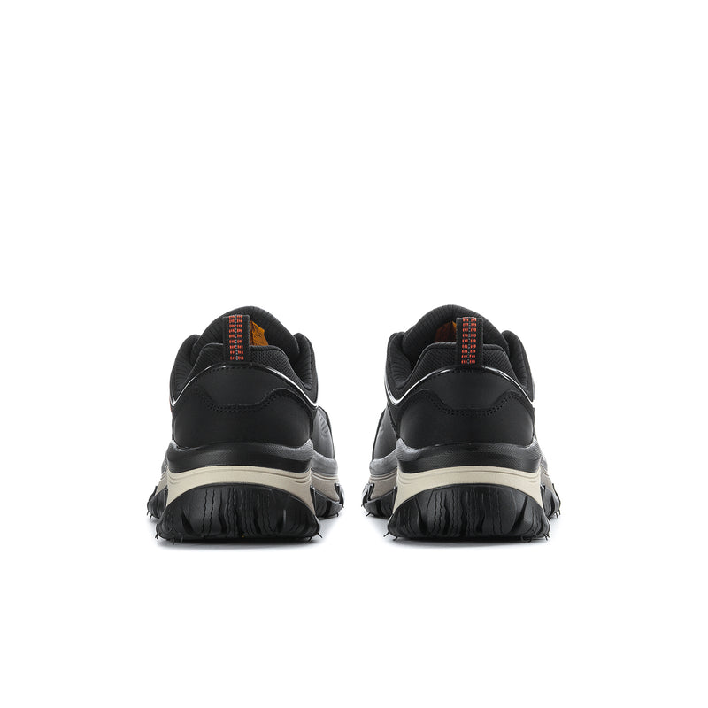 Men's black comp-toe walking shoes rear view with cushioned heel and lace tabs