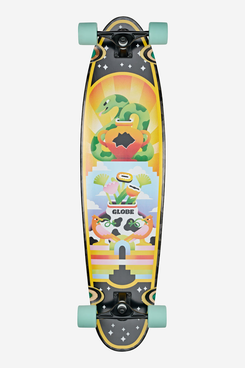 Archer Daybreak 39 inch longboard with Hi Rise Slant trucks and turquoise wheels.