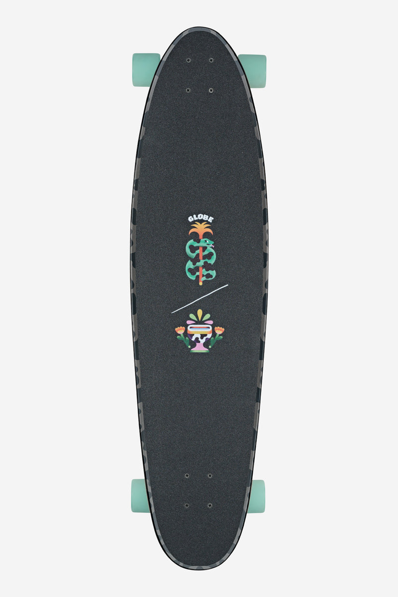 Top-down view of Archer Daybreak 39 longboard with black grip tape and mint green wheels and colorful center graphics