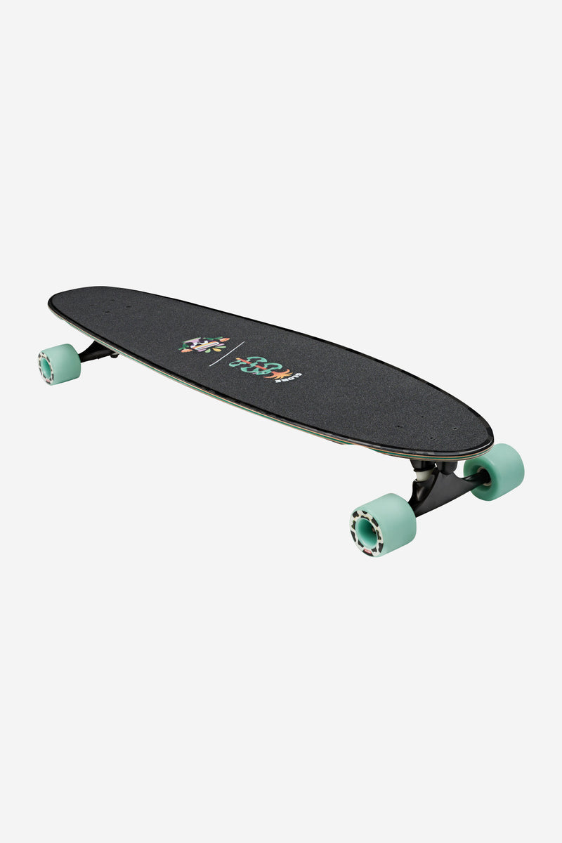 Angled view of Archer Daybreak longboard showing the black deck with colorful artwork and mint green wheels