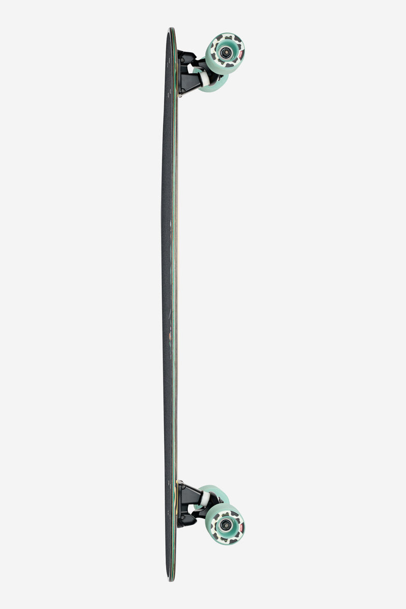 Side view of Archer Daybreak longboard with slim profile and mint green wheels against a white background