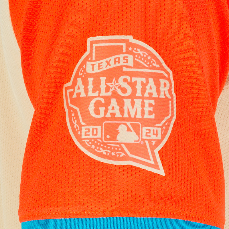 Orange baseball jersey with Texas All-Star Game patch logo on textured fabric