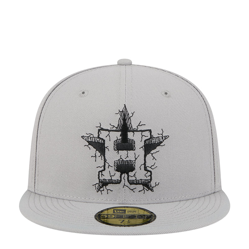 Grey snapback baseball cap with black cracked-style crown graphic on front