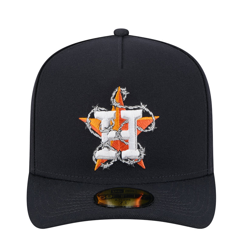 Navy baseball cap with front star emblem embroidery and dark brim underside
